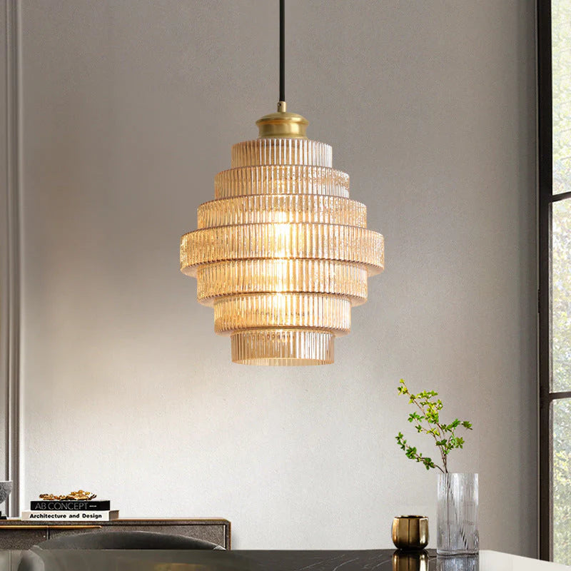Clarity Antique Brass Striped Stained Glass Bottle Pendant Light